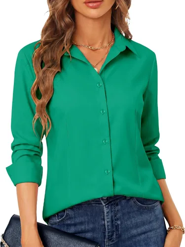 Miniatura 21 de BBIBBI Camisa de vestir elástica de manga larga con botones para mujer, blusa de trabajo casual de negocios (clásica, recortada y alta)