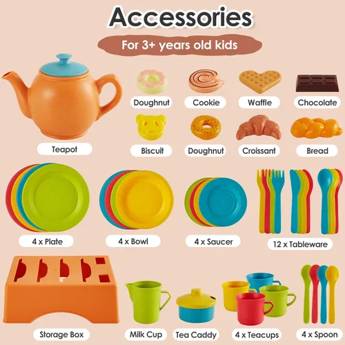 Miniatura 6 de Buyger Accesorios de Cocina de Juguete, Platos de Juguete y Utensilios Juego de Fiesta de Té Juguetes de Comida y Postres Regalos para Edades 3 4 5+