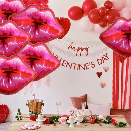 Miniatura 4 de Paquete de 10 globos grandes de labios rojos y rosados, globos de corazón para decoración de fiestas temáticas de maquillaje, aniversario, Kiss the