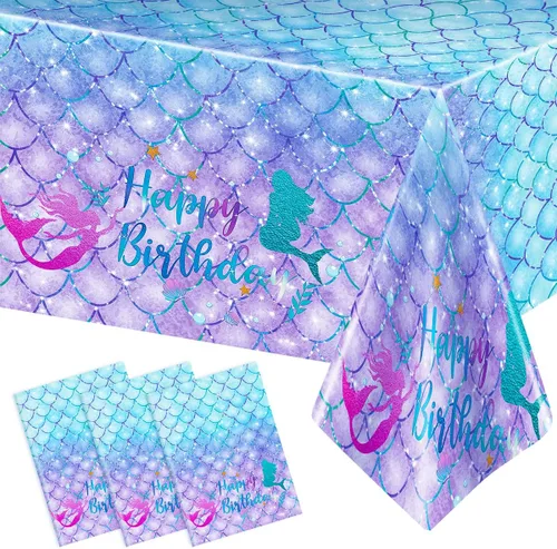 Miniatura 7 de DaiUni 1 mantel de cumpleaños de sirena para decoración de fiesta de cumpleaños, funda rectangular desechable de plástico para suministros de fiesta