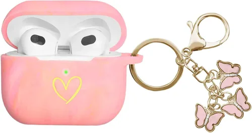Miniatura 9 de Funda compatible con AirPods 3 2021, funda de silicona suave con patrón de corazón dorado para AirPods de 3ª generación con bonito llavero de Negro