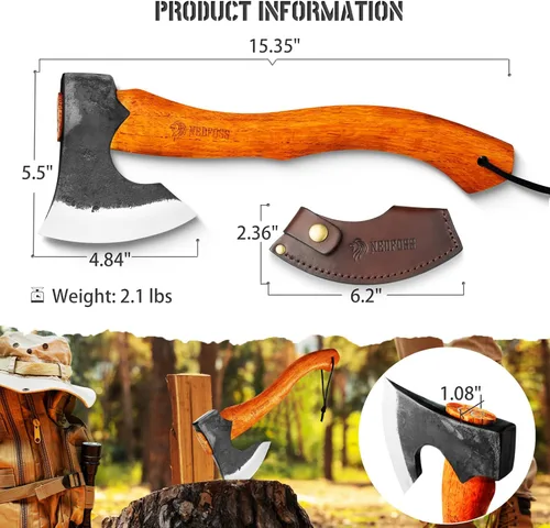 Miniatura 4 de NEDFOSS Hacha de Acampar Mammoth, Hacha de Camping de 15.5" con Acero de Alto Carbono 1065 y Mango de Madera, Hacha Multiusos para Camping