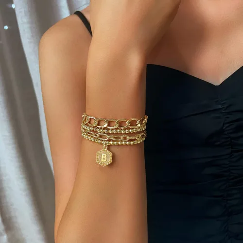 Miniatura 2 de Pulseras chapadas en oro para mujer, pulseras con inicial de oro, juego de pulseras apilables de cuentas en capas de oro, pulseras lindas, Ágata