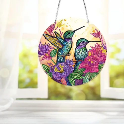 Miniatura 8 de LUSandy Kit de pintura de diamante de colibrí con flores 5D para bricolaje, letrero de arte de pared, colibrí, diamante, atrapasoles, adorno Flores