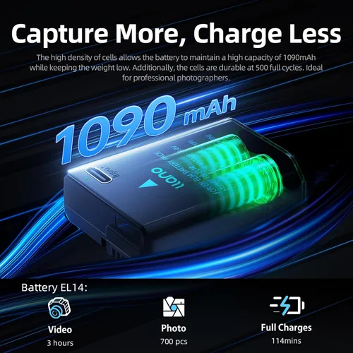 Miniatura 4 de llano USB-C EN-EL14 EN-EL14a Batería para cámaras Nikon D5600 D3500 D5300 D3400 D3200 D3100 D5500 D3300 D5200 D5100, gran capacidad de 950 mAh