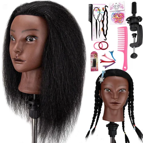 16 pulgadas 100% pelo real maniquí cabeza de entrenamiento cabeza cosmetología maniquí cabeza para peluquería práctica trenzado peinado con soporte