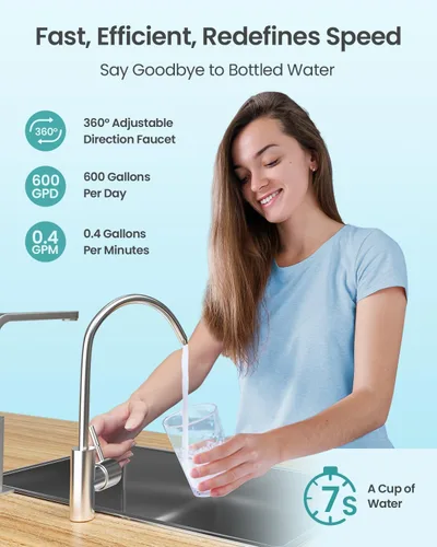 Miniatura 5 de Sistema de ósmosis inversa sin tanque 600GPD Certificado NSF, Sistema de filtración de agua RO bajo el fregadero, reducción de TDS de 500 a 20
