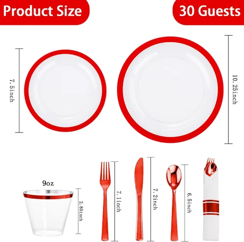 Miniatura 5 de I00000 Juego de 210 platos rojos, platos de plástico transparente y rojo que incluye 60 platos, 30 tazas, 30 servilletas enrolladas con cubiertos