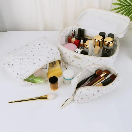 Miniatura 5 de Juoxeepy Bolsa de maquillaje de algodón, bolsa de cosméticos de viaje, bolsa de cosméticos acolchada, bolsa de aseo floral estética coqueta A01-3pcs