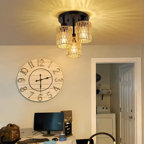 Miniatura 2 de Lámparas de Techo Bohemias de 3 Luces Montaje en Techo, Candelabro de Ratán Estilo Granja, Pantalla de Jaula Tejida a Mano Montaje Semi Empotrado