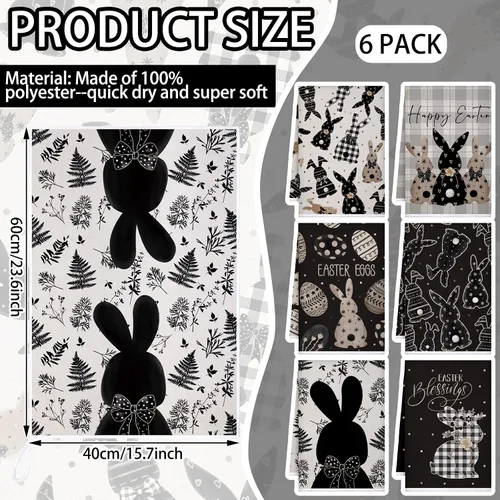 Miniatura 3 de Preboun 6 toallas de cocina con huevos de Pascua, toallas de mano retro con diseño de conejo, color negro y blanco a cuadros, paño decorativo