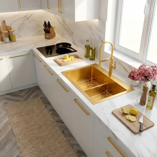 Miniatura 12 de LQS Fregadero de cocina dorado de 32 x 18 pulgadas, fregaderos de cocina empotrados, fregaderos de acero inoxidable de doble tazón 50/50