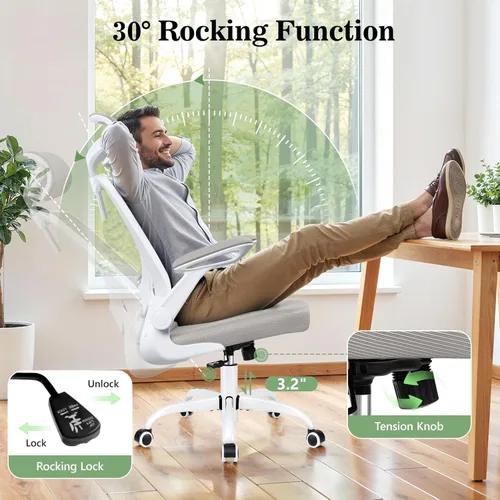 Miniatura 9 de BESTFAIR Silla de oficina ergonómica, sillas de oficina de malla transpirable con soporte lumbar ajustable, brazos abatibles, silla de escritorio