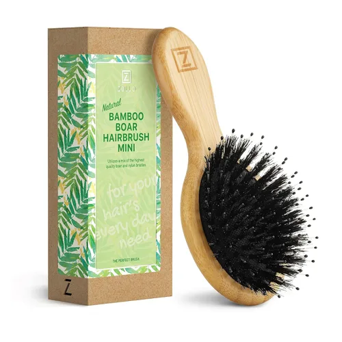 Cepillo de pelo de cerdas de jabalí natural, tamaño mini, portátil, fácil de transportar para mujeres, hombres y niños; cepillo para desenredar seco