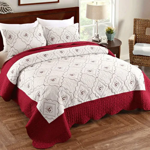 Juego de 3 piezas de edredón bordado tamaño matrimonial/queen, colcha floral suave y transpirable con flores, color blanco borgoña, ropa de cama