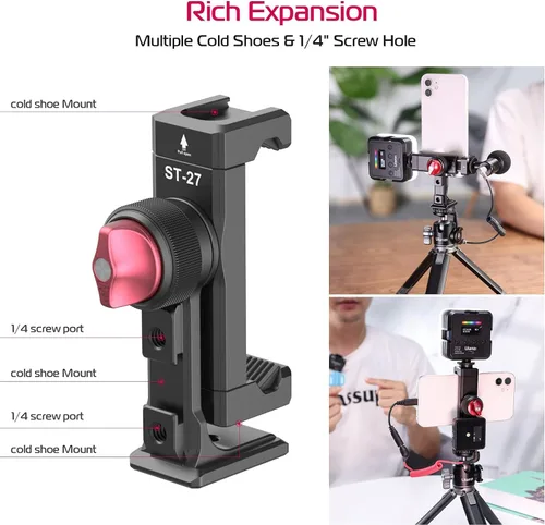 Miniatura 8 de Soporte de trípode de metal para teléfono, 3 zapatos fríos y puerto de arca, adaptador de trípode para teléfono inteligente de 360 ° para iPhone 17