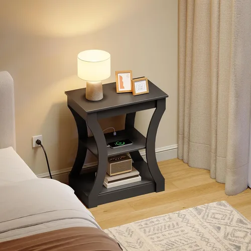 Miniatura 4 de MAHANCRIS - Mesa auxiliar negra con estación de carga, mesa auxiliar delgada con puertos USB y tomas, mesita de noche, mesita de noche de 3 niveles