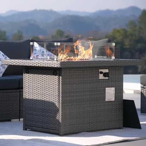 Miniatura 9 de NICESOUL Mesa de Fogata de Propano de Mimbre, 60000 BTU Mesas Grandes de Fogata de Gas Natural, 43'' Chimeneas Rectangulares CSA para Terraza Patio