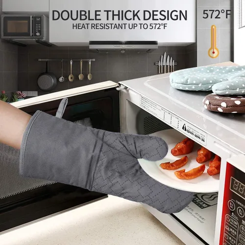 Miniatura 3 de Juego de 4 guantes de horno y soportes para ollas, guantes de horno resistentes al calor 572F, forro de algodón suave con superficie antideslizante