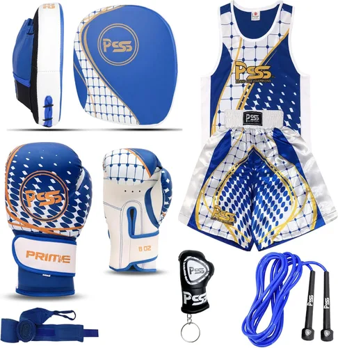 Juego de 6 guantes de boxeo para niños, color azul, 1022 y 1113, para entrenamiento profesional, kit de accesorios para MMA Muay Thai Kickboxing, 6