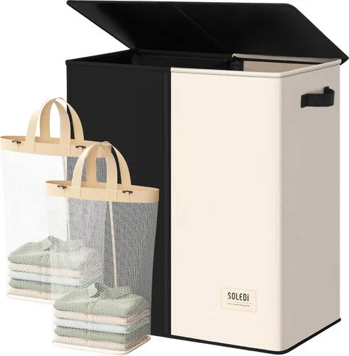 Miniatura 15 de SOLEDI Cesta de lavandería de lujo doble con tapa y bolsas removibles, cesta grande para lavandería, cesta de lavandería de 2 secciones, cesta