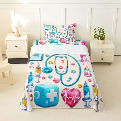 Erosebridal Nurse Sheet Set Stethoscope Twin Sheets Set for Teen Boys,Colorful Medical Healthcare Heartbeat Syringe Fitted Sheet