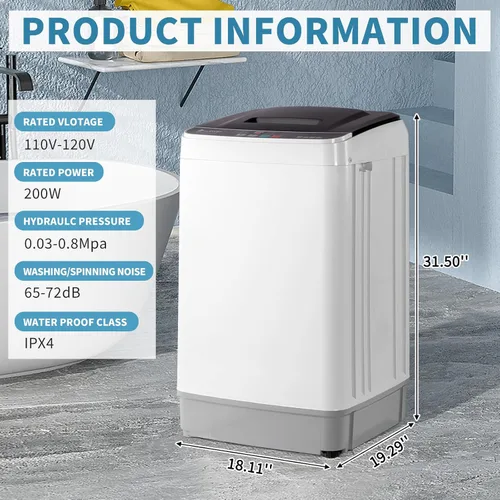 Miniatura 2 de Lavadora completamente automática, capacidad de 17.6 libras, tambor de acero inoxidable, 10 programas, 8 niveles de agua, diseño compacto