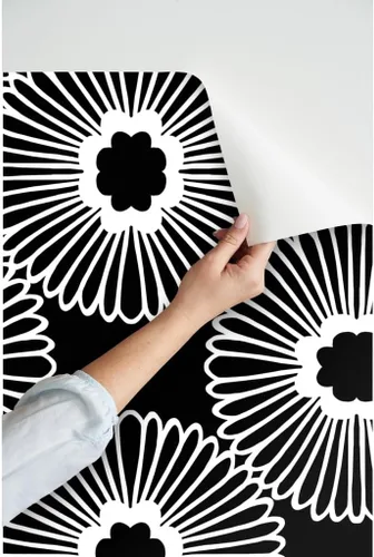 Miniatura 3 de Despegar y pegar muestra de papel tapiz – Flor floral grande negro blanco círculo de la naturaleza Bold Mod Daisy 1960s Retro Modern Decoración