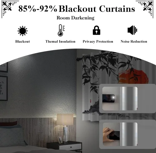 Miniatura 118 de Cortinas japonesas con pintura de tinta, monte Fuji, sol rojo, puesta de sol, hojas de bambú, cortinas de ventana para dormitorio, sala de estar