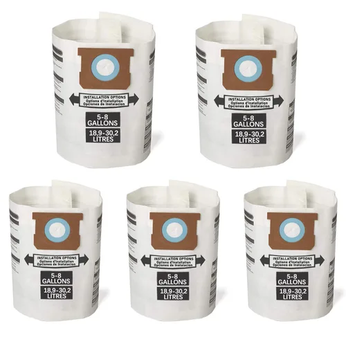 Paquete de 5 bolsas de filtro de repuesto de 5-8 galones para aspiradora Shop Vac tipo E - 9066100 90661 906-61, blanco