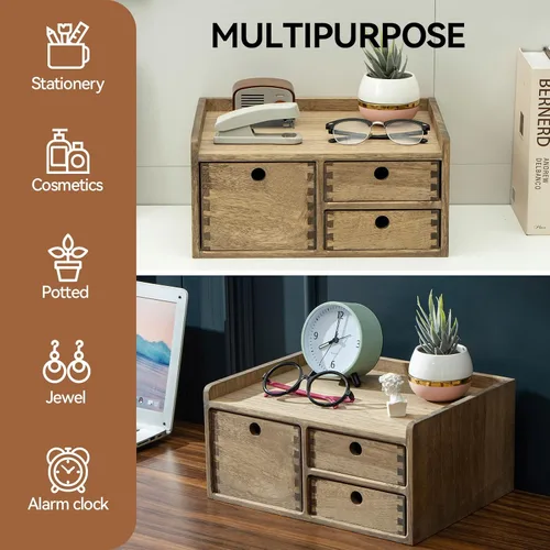 Miniatura 5 de KIRIGEN Organizador de escritorio con 3 cajones - Caja de almacenamiento con cajones de madera y bandejas para mesa - Organizador de herramientas
