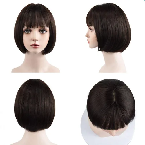 Miniatura 2 de REECHO peluca corta con flequillo, de cabello sintético, para cosplay, para mujeres Marrón oscuro