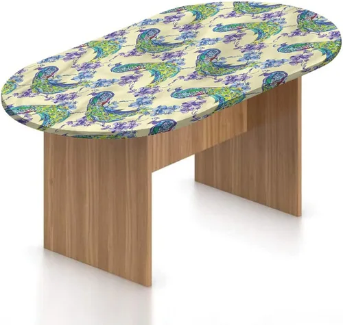 XISUNYA Mantel ovalado ajustable, mantel de poliéster elástico de pavo real, mantel ajustable con estampado de flor de primavera japonesa, se adapta