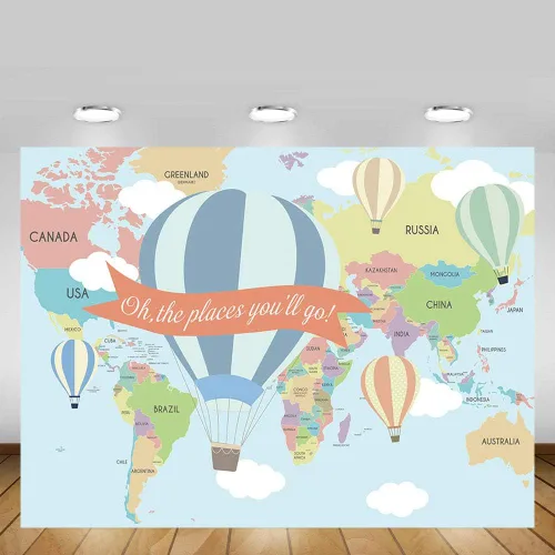 Miniatura 4 de MEHOFOND Mapa de viaje, decoración de fiesta de cumpleaños, telón de fondo de viaje alrededor del mundo, globo aerostático Oh The Places You Will Go
