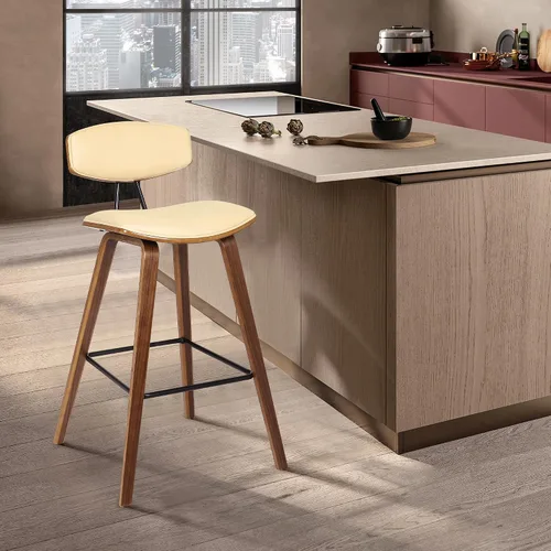 Miniatura 6 de Armen Living Fox - Taburete de bar moderno de mediados de siglo de piel sintética color crema y madera de nogal de 25.5 pulgadas Piel sintética