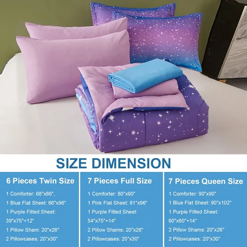 Miniatura 7 de Drucon - Juego de edredón para niñas, tamaño Queen, 7 piezas en una bolsa, juego de ropa de cama ombre azul púrpura arcoíris para niñas y mujeres
