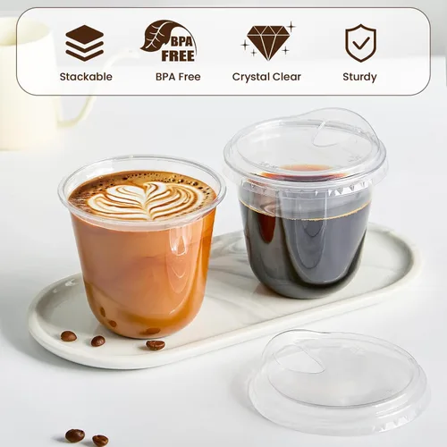 Miniatura 3 de Vasos de plástico transparente de 12 onzas con tapas para sorber sin pajilla, paquete de 50 vasos desechables para café helado con fondo redondo