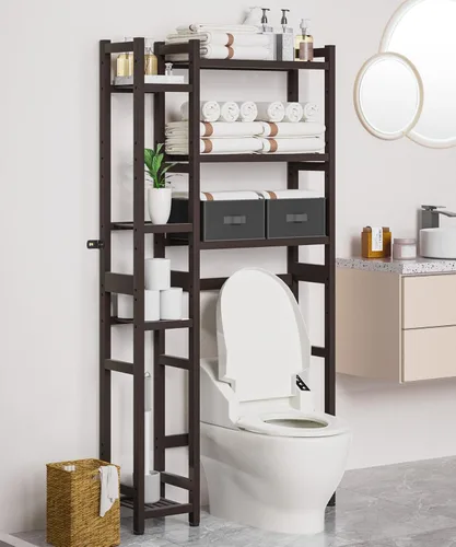 Miniatura 9 de Homde Organizador de Almacenamiento Sobre el Inodoro con Cesta y Cajón, Organizador de Baño de Bambú con Estante Ajustable y Patas Impermeables