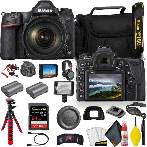 Nikon D780 Cámara DSLR de marco completo de 24.5 MP con lente de 0.945-4.724 in (1619) - Paquete de video - con tarjeta Sandisk Extreme Pro de 64 GB