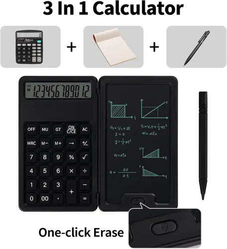 Miniatura 2 de Calculadora básica portátil de escritorio, mini calculadoras pequeñas con bloc de notas de escritura y lápiz capacitivo, más ligera y portátil, Negro