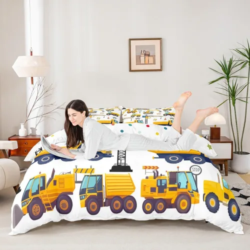 Miniatura 4 de Erosebridal Juego de ropa de cama para niños de construcción tamaño individual para niños, cubierta de edredón para camiones excavadoras, juego