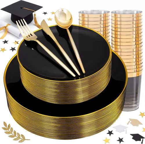 Miniatura 17 de ejonirinjonir EI - 180 platos de plástico beige con cubiertos de plástico dorado, platos desechables de alta resistencia para fiestas, juego