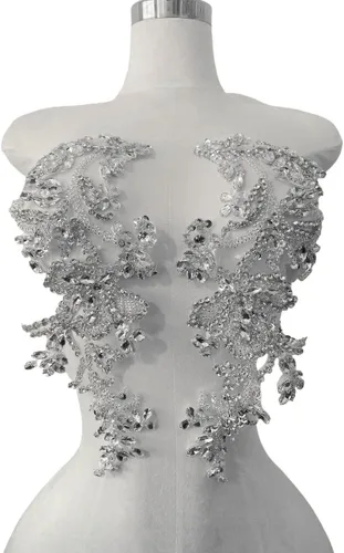 Miniatura 3 de Parches de apliques de encaje brillantes hechos a mano con cuentas de costura, lentejuelas y accesorios para vestido de novia, un par/bolsa Plata