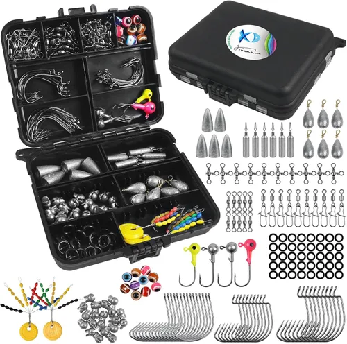 Kit de accesorios de pesca con caja de aparejos, incluidos ganchos para plantillas, pesas de plomo para róbalos, diferentes pivotes giratorios para