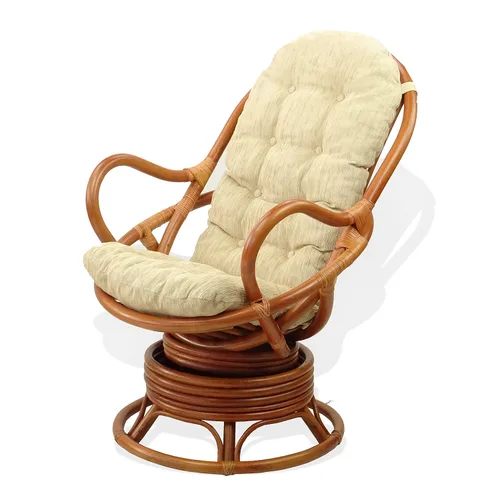 Miniatura 5 de Lounge Set de 2: Silla mecedora giratoria Java de mimbre de ratán natural hecha a mano y otomana Krit con cojín crema, coñac