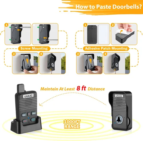 Miniatura 8 de Timbre inalámbrico, timbre de puerta manos libres, 305 m de largo alcance, intercomunicador bidireccional completo de doble vía, 4 melodías, 8