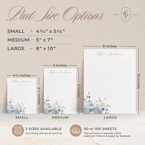 Miniatura 4 de Bloc de notas de papelería personalizado para mujer, bloc de notas personalizado con nombre, flores azul marino con fuente de guión, bloc de notas