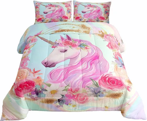 Erosebridal Juego de ropa de cama de unicornio para niñas, tamaño individual, edredón de plumón kawaii para niñas, lindo juego de edredón de caballo