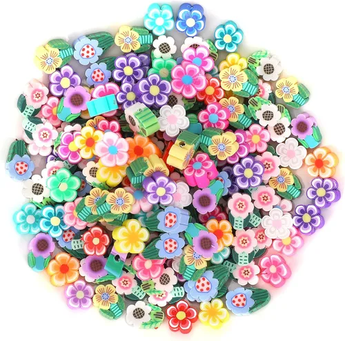 KALIONE 200 cuentas de arcilla de flores mixtas, lindas cuentas de arcilla polimérica de flores, 2 formas coloridas de flores espaciadoras para
