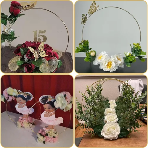 Miniatura 5 de YALLOVE 10 piezas de centro de mesa de aro floral de 14 pulgadas, soporte de anillo de corona de metal dorado con base acrílica transparente